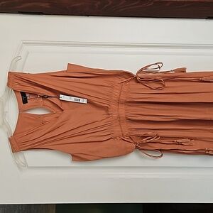 Tahari Terracotta Rust Sleeveless V-Neck Drawstring Waist Dress